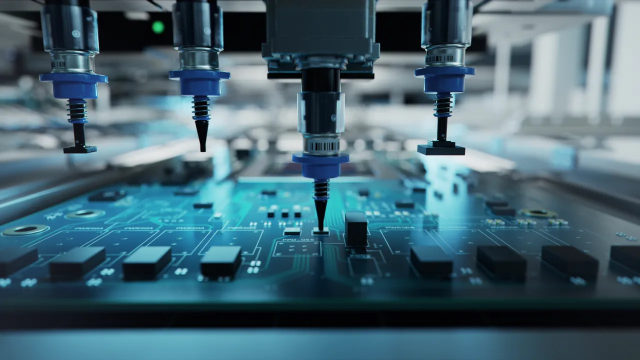 Pick-and-place nozzles above a populated circuit board on an assembly line