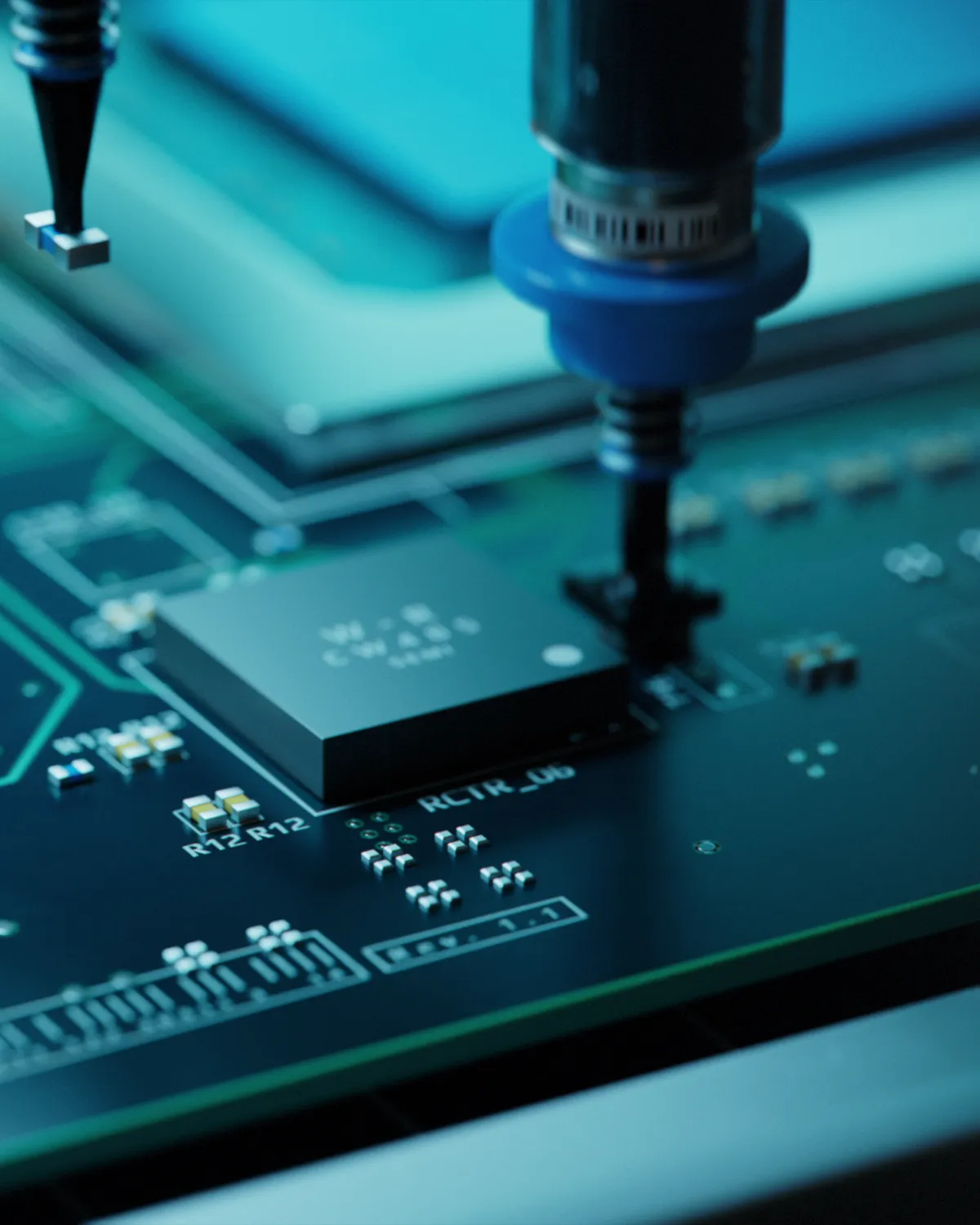 A placement nozzle setting a component onto a circuit board, close up